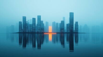 Obraz premium Serene Urban Landscape with Fog, Reflected Skyscrapers, and Vibrant Sunset Glow Over a Calm Body of Water in a Futuristic Cityscape