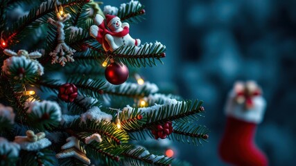 A festive Christmas stocking hanging on a Christmas tree branch, filled with gifts and decorations, winter, pine, decoration