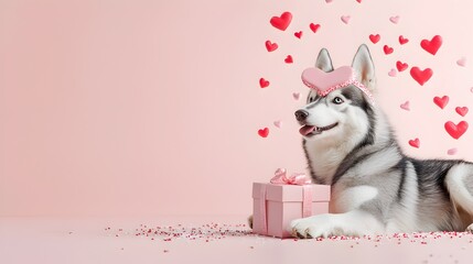 A dog is laying on the ground with a pink box in front of it