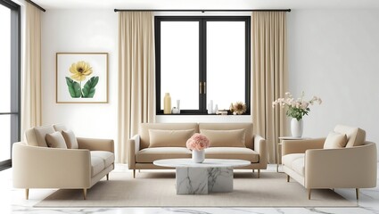 Mock up poster frame in modern interior with leather sofa and accessories in the room. Frame & poster mockup in Boho style interior. 3d illustration
