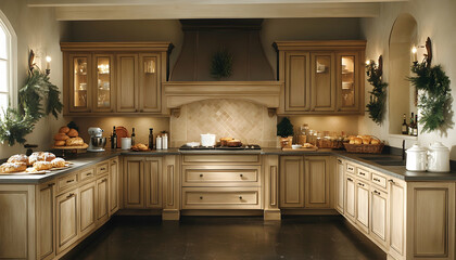 Fototapeta premium Elegant kitchen with light wood cabinets, granite countertops, and recessed lighting.