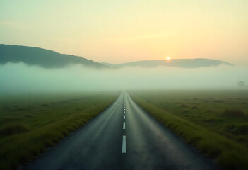 Fototapeta premium A deserted countryside road disappearing into thick fog.