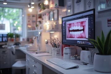 Naklejka premium A dentist's desk filled with fun dental gadgets.