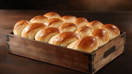 Assorted freshly baked bread rolls are neatly arranged in a rustic wooden basket. Fresh herbs are scattered around, enhancing the appealing presentation