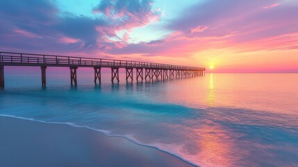 Obraz premium Wooden Pier and Soft Pastel Sunrise Over an Ocean Bay