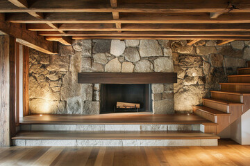 Modern rustic living room with stone wall and wooden accents