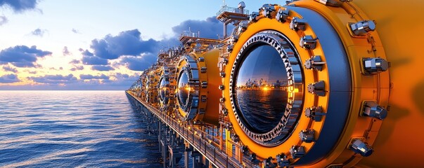 A vibrant offshore platform with large, circular windows glistening in the sunset, surrounded by calm sea waters and dramatic clouds.