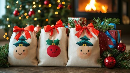 Festively decorated gift bags with cheerful designs sit near a Christmas tree, surrounded by ornaments and a warm fireplace glow.