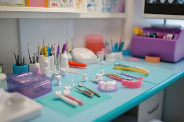 A dentist's desk filled with fun dental gadgets.