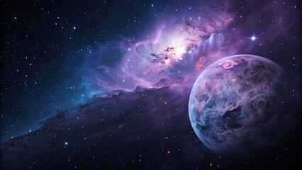 Obraz premium Celestial body with swirling clouds of purple and blue mist in the vastness of outer space, abstract space, purple mist