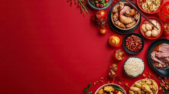 Traditional Chinese lunar New Year dinner table, menu background with pork, fried fish, chicken, rice balls, dumplings, fortune cookie, nian gao cake, noodles, chinese decorations. Top view. 