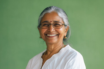 Portrait of a smiling Indian elderly woman with glasses on a solid green background