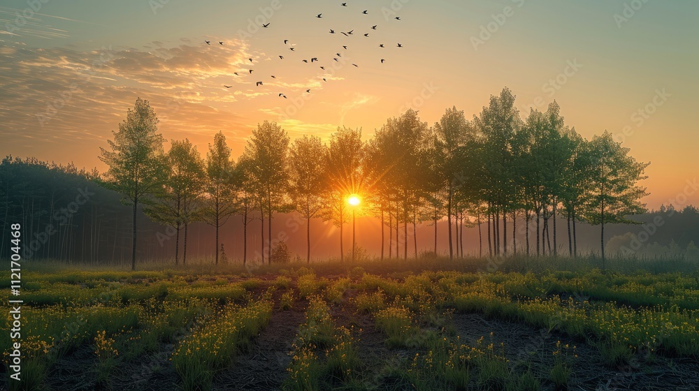 Poster Young deciduous trees growing in rows creating a new forest, in the background the rising sun and birds flying in the distance.