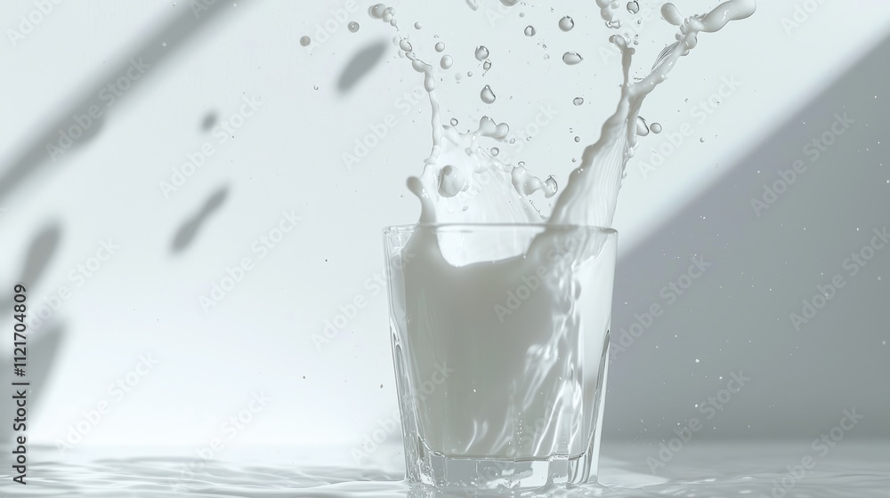 Poster dynamic pouring of milk splashing into a glass captured in mid-action with water drops and clear bac