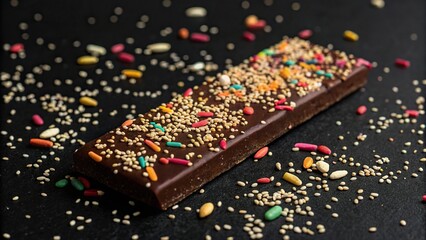 Fototapeta premium Close-up of a chocolate bar covered in colorful sprinkles and sesame seeds on a black background, sweet treat, dark chocolate, colorful sprinkles, black background