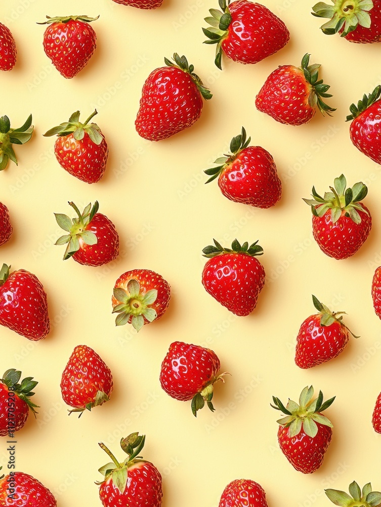 Poster vibrant cluster of fresh strawberries scattered on soft yellow background for culinary and design us