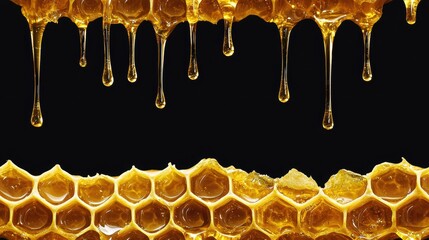 Vivid Honeycomb Structure with Golden Honey Dripping Gracefully from Cells Against a Dark Background