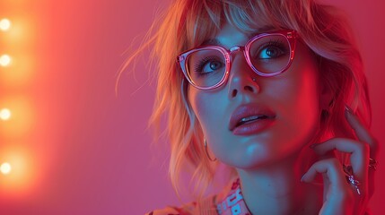 Obraz premium Close-up portrait of a young woman with blonde hair wearing pink glasses, illuminated by colorful lights.