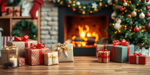 Fototapeta premium Christmas presents neatly arranged on a table beside a warm fireplace, with a festive blurred background of a decorated tree and twinkling lights, presents, decorations, fireplace
