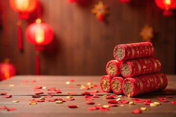 Colorful Firecrackers Stacked for Festive Celebration with Red Lanterns and Petals in Celebratory Atmosphere