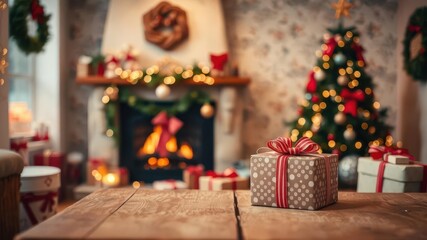 Christmas presents neatly arranged on a wooden table surrounded by a cozy fireplace, with a blurred background of a beautifully decorated tree and festive ornaments, home, blurred background, festive