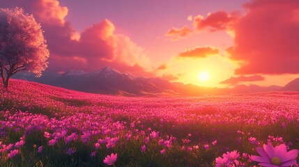 Serene sunset over a field of pink flowers. Magical landscape.