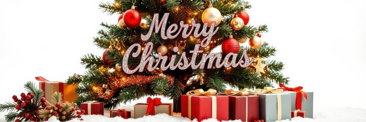 Christmas tree adorned with colorful ornaments and surrounded by gift boxes in a snowy white background, Merry Christmas, celebration, Christmas