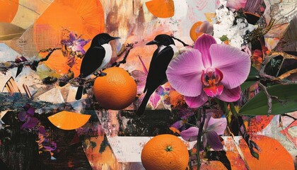 Vibrant Composition of Colorful Orchids, Oranges, and Birds in a Whimsical Collection of Nature Elements