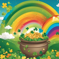 Pot of gold rainbow on grass and clover. St.Patrick's Day symbol - Pot Of Gold. St.Patrick's Day background. Magical Treasure