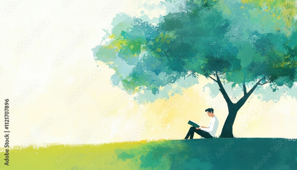 Poster Man Enjoying Peaceful Time Reading Book Under Large Tree in Serene Natural Setting