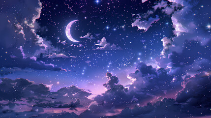 Fototapeta premium anime-style sky with a crescent moon and clouds, in pastel pink and purple colors with stars twinkling in the night sky and a shining crescent moon.