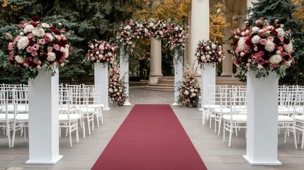 An elegant outdoor wedding ceremony features a stunning floral arch, white chairs lined along a red carpet, and a scenic venue adorned with greenery and flowers.