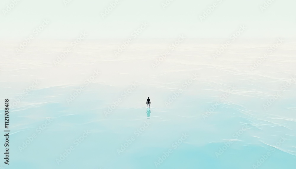 Poster lone surfer in a vast and empty ocean under a softly colored sky