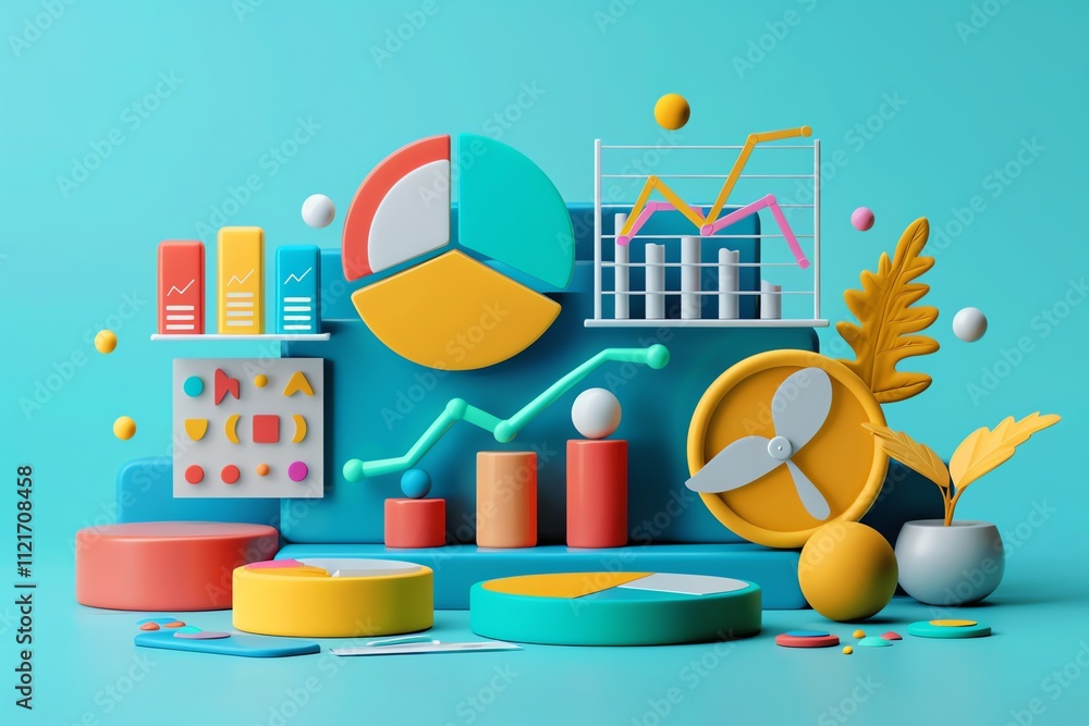 Poster colorful 3d data visualization charts and graphs on turquoise background.