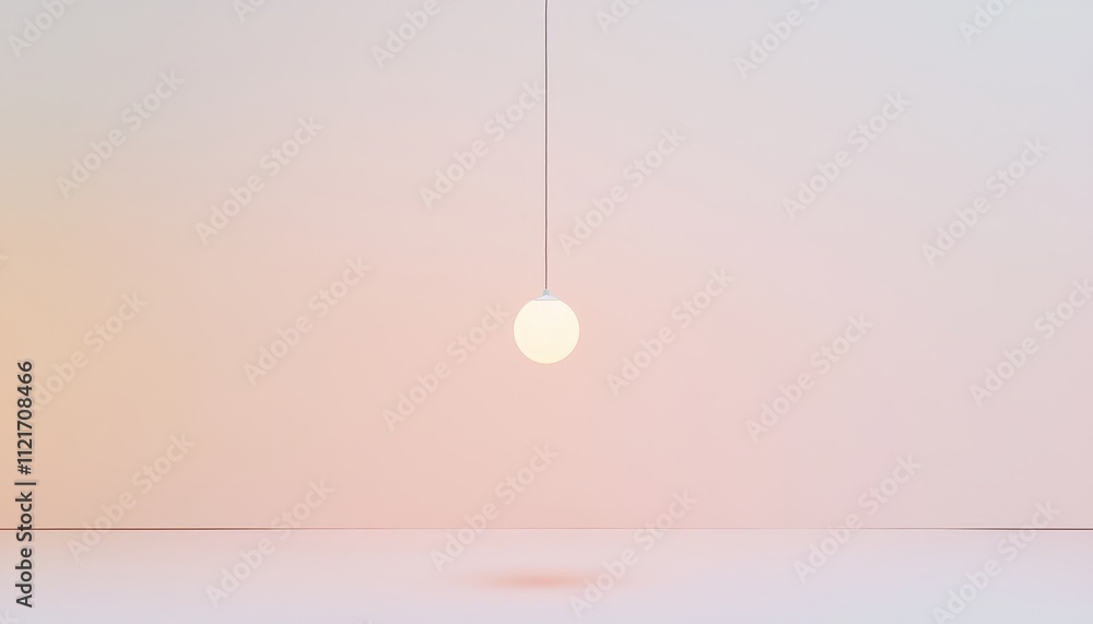 Poster minimalist design featuring a single light bulb hanging in a simple and elegantly lit space