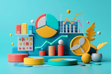 Colorful 3D data visualization charts and graphs on turquoise background.