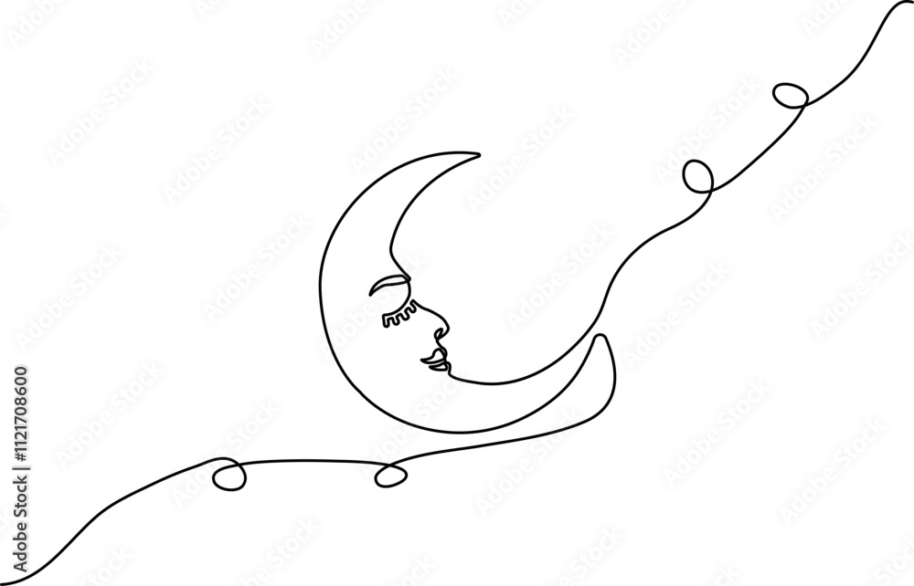 Aufkleber heart with moon symbol continuous one line drawing, sleeping moon symbol one continuous single line 