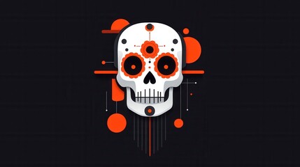 Vibrant day of the dead skull design with modern geometric elements in black and orange