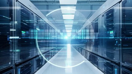 Futuristic Data Center Server Room With Digital Overlay - Powered by Adobe