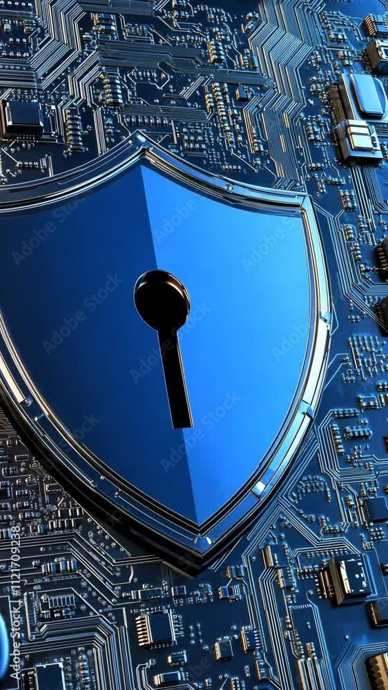 Poster digital security concepts depicted through a blue shield and keyhole on a circuit board background