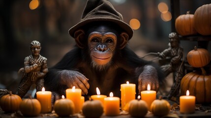 Lively chimpanzee engages with Halloween-themed items in its vibrant outdoor zoo environment.