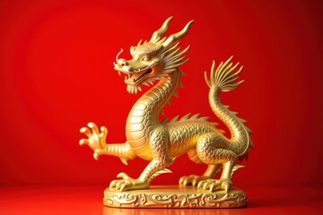 Obraz premium Golden Chinese Dragon Figurine on Red Background Symbolizing Prosperity and Good Fortune for Lunar New Year Celebrations and Festivities
