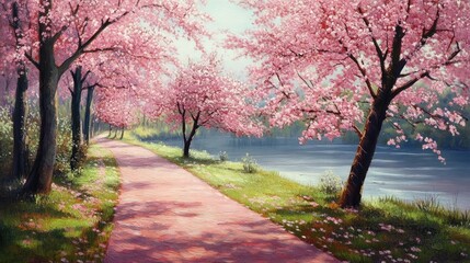 Pink cherry blossom trees line a path beside a calm river.