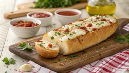 Rustic mozzarella stuffed bread with herbs on wooden board