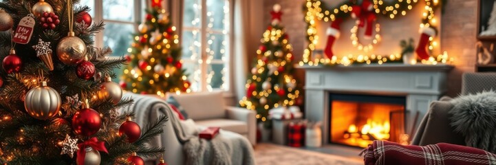 Cozy Christmas living room with twinkling lights, cozy blankets, and a decorated tree, Christmas, warmth, ornaments