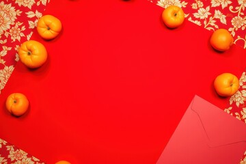 Vibrant Red Background with Yellow Oranges and Envelopes for Festive Celebrations and Creative Projects