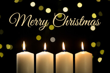 Four burning Advent candles on a festive black background with Marry Christmas text.