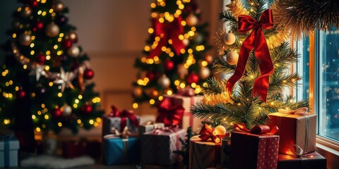 Decorated Christmas tree with colorful gifts underneath, holiday, season, glowing