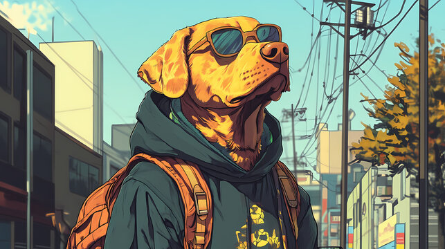 Fashion forward dog: childhood arcadia meets urban street style. Arcadia. Illustration