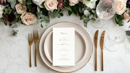 A beautifully arranged table features a delicate floral display alongside a fine dining menu. The setting is perfect for a wedding reception or an upscale celebration.